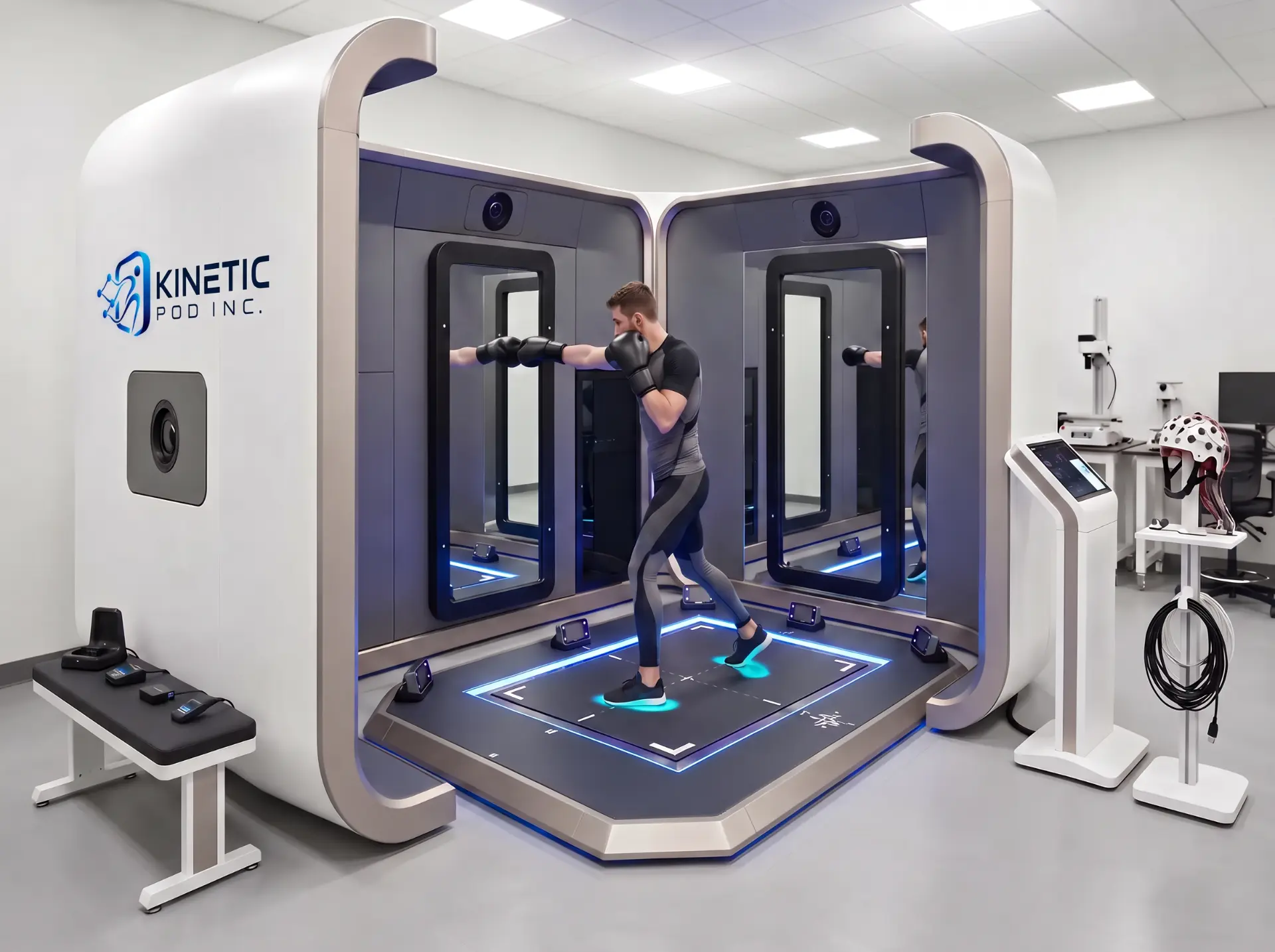 Concept render of the Kinetic Pod in a movement laboratory with instrumented floor and analysis kiosk